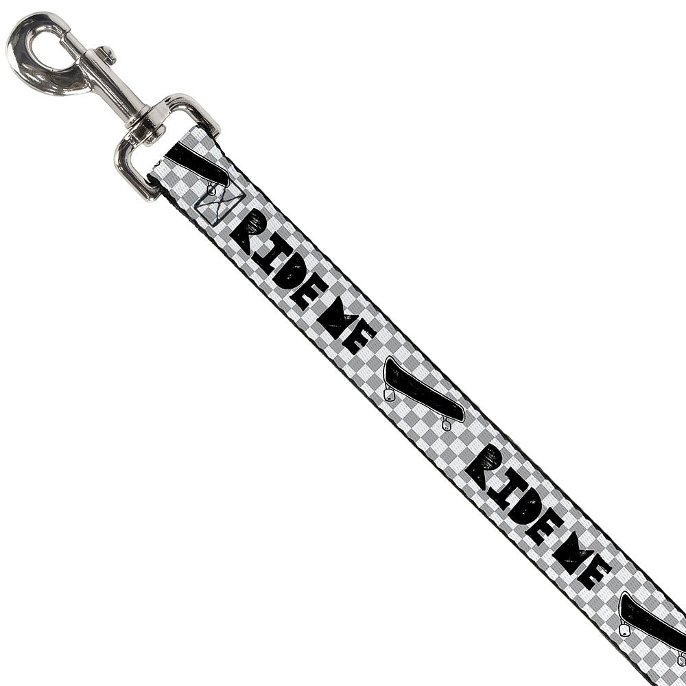 Southlake Paws Dog Leash featuring a skateboard design with "RIDE ME" text in a mini checker pattern of white, gray, and blac