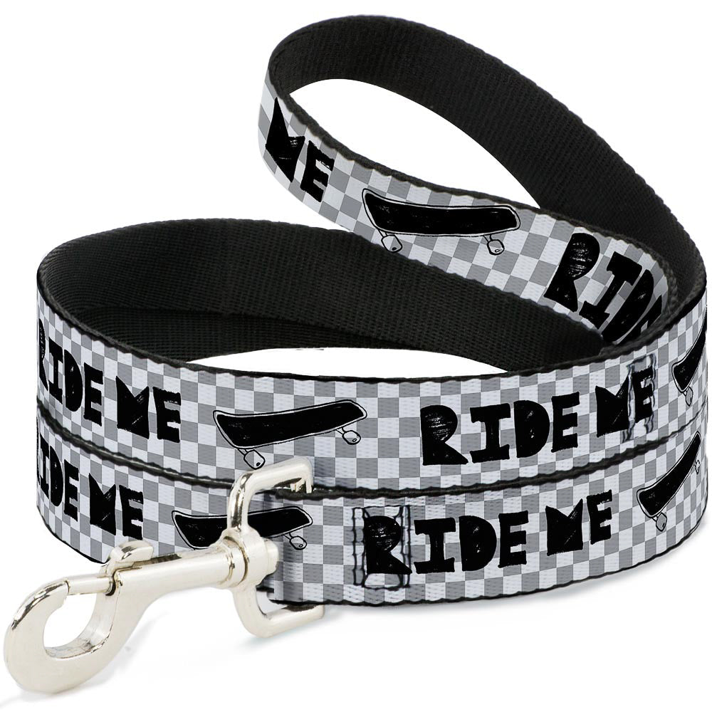Southlake Paws dog leash featuring a skateboard design with "RIDE ME" text in black on a mini checker pattern of white, gray,