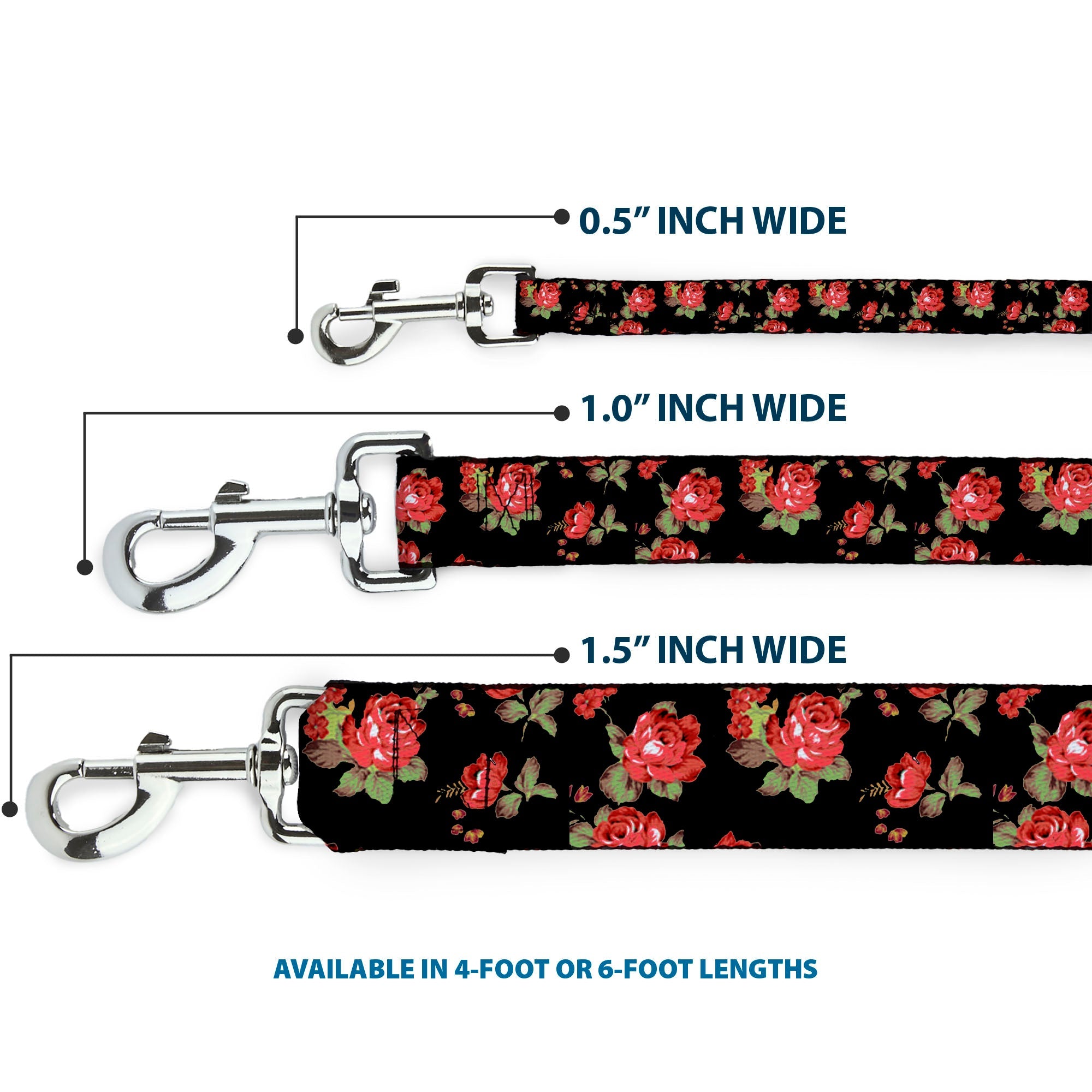 Dog Leash - Red Roses Scattered Black