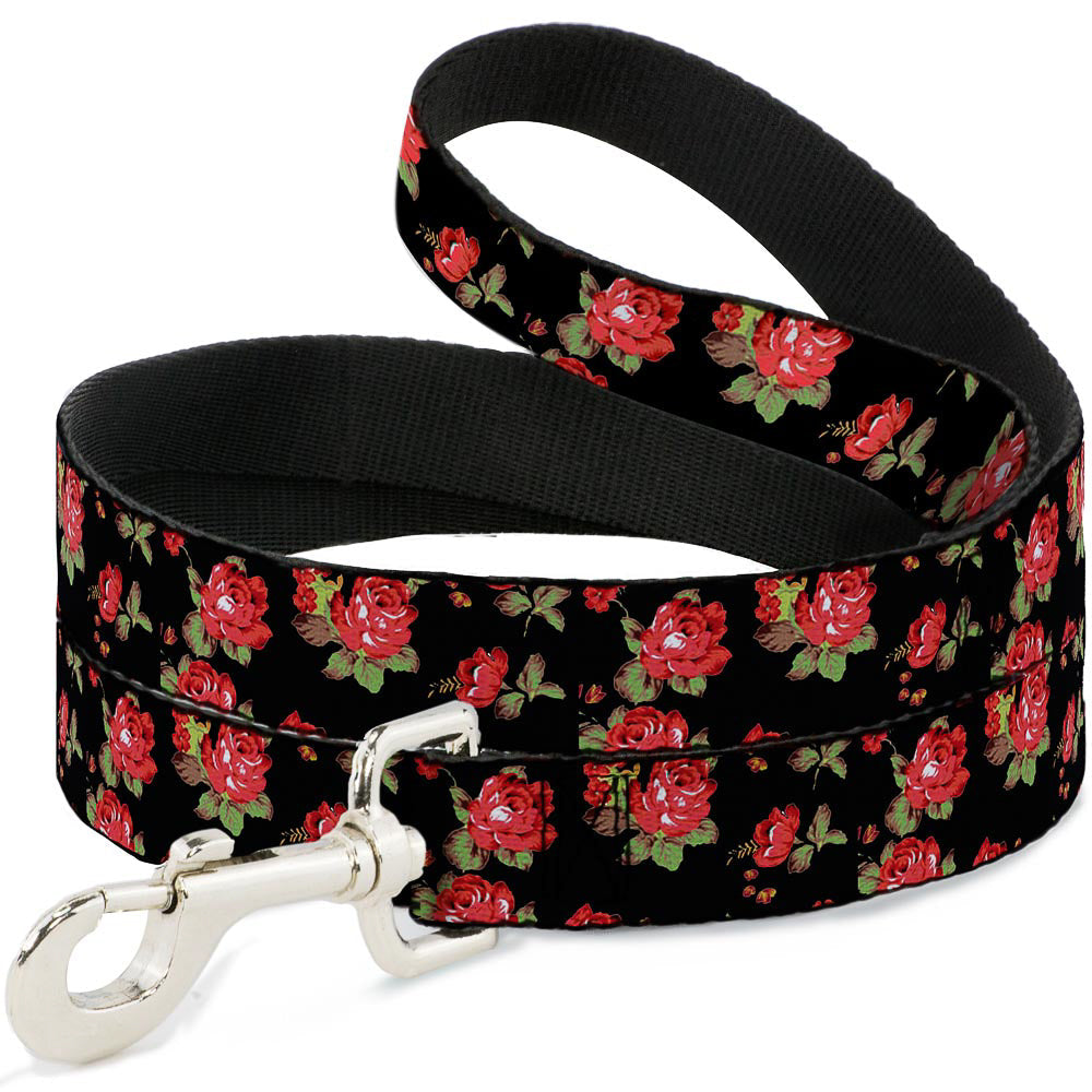 Dog Leash - Red Roses Scattered Black