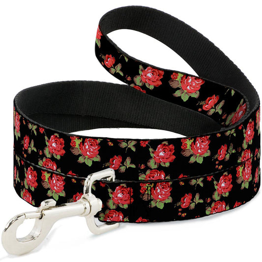 Dog Leash - Red Roses Scattered Black