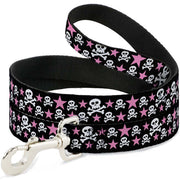 Dog Leash - Skulls & Stars Black/White/Pink