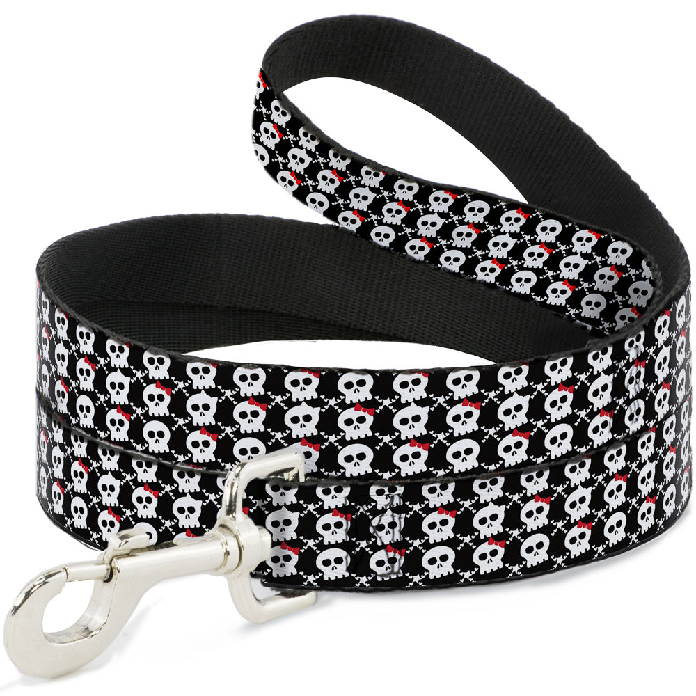 Dog Leash - Skull w/Bow Black/White/Red