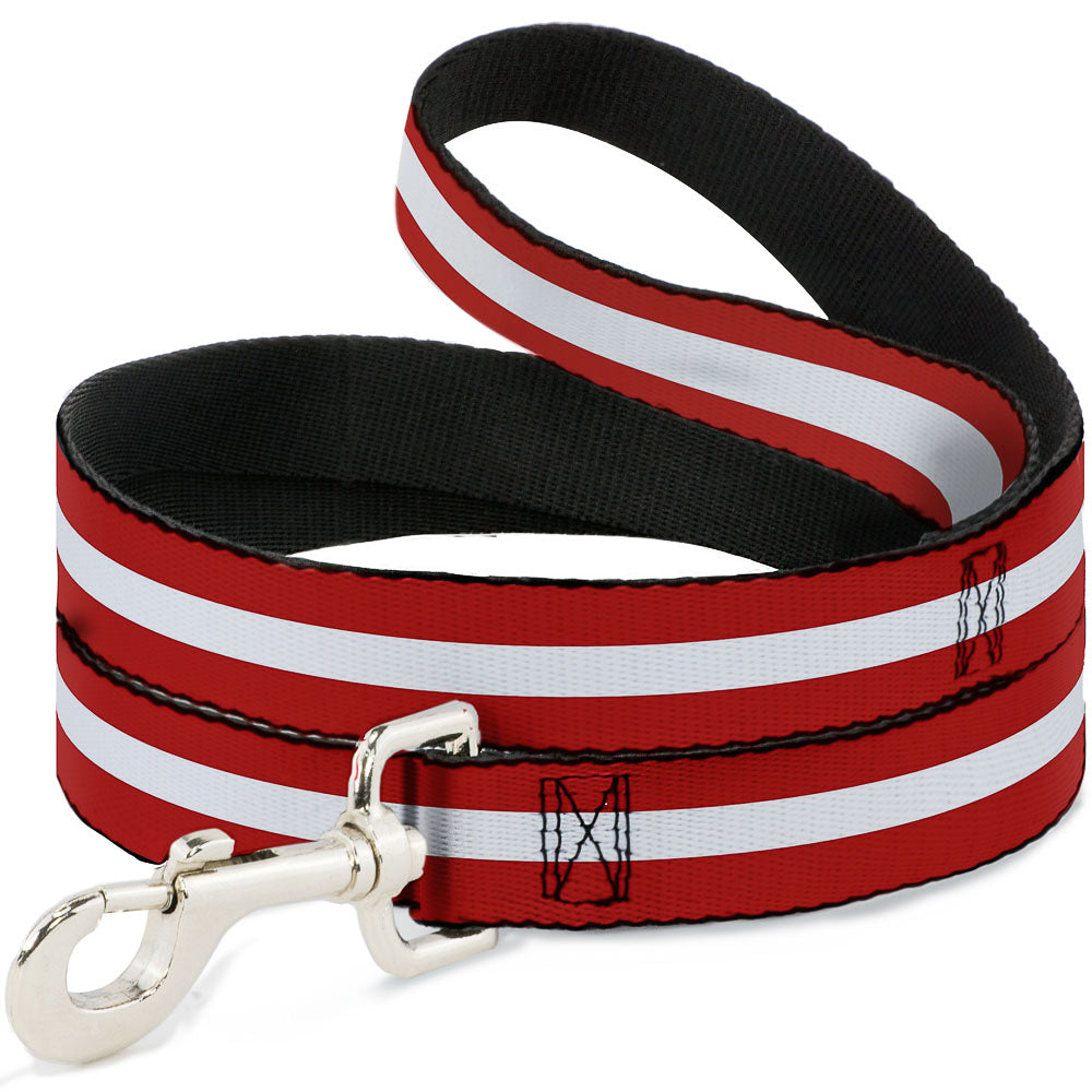 Red and white striped dog leash by Southlake Paws with a silver metal clip and black lining.