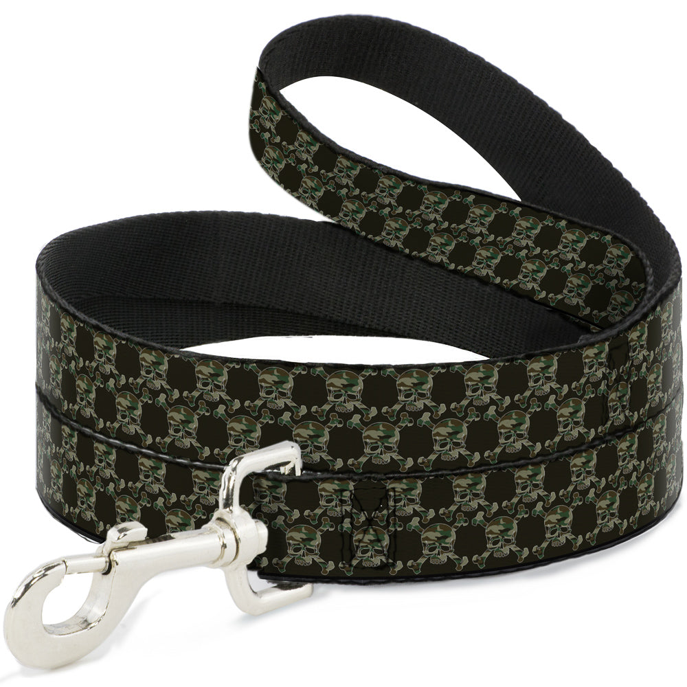 Black and olive camo dog leash featuring a skull pattern, with a silver metal clip for attachment.