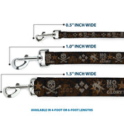 Dog Leash - Western NO GUTS NO GLORY Skull and Crossbones Browns/Gray