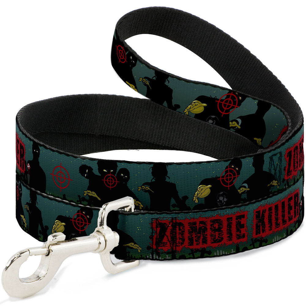 Southlake Paws Zombie Killer Dog Leash featuring a green, red, and black zombie design with a sturdy metal clip.