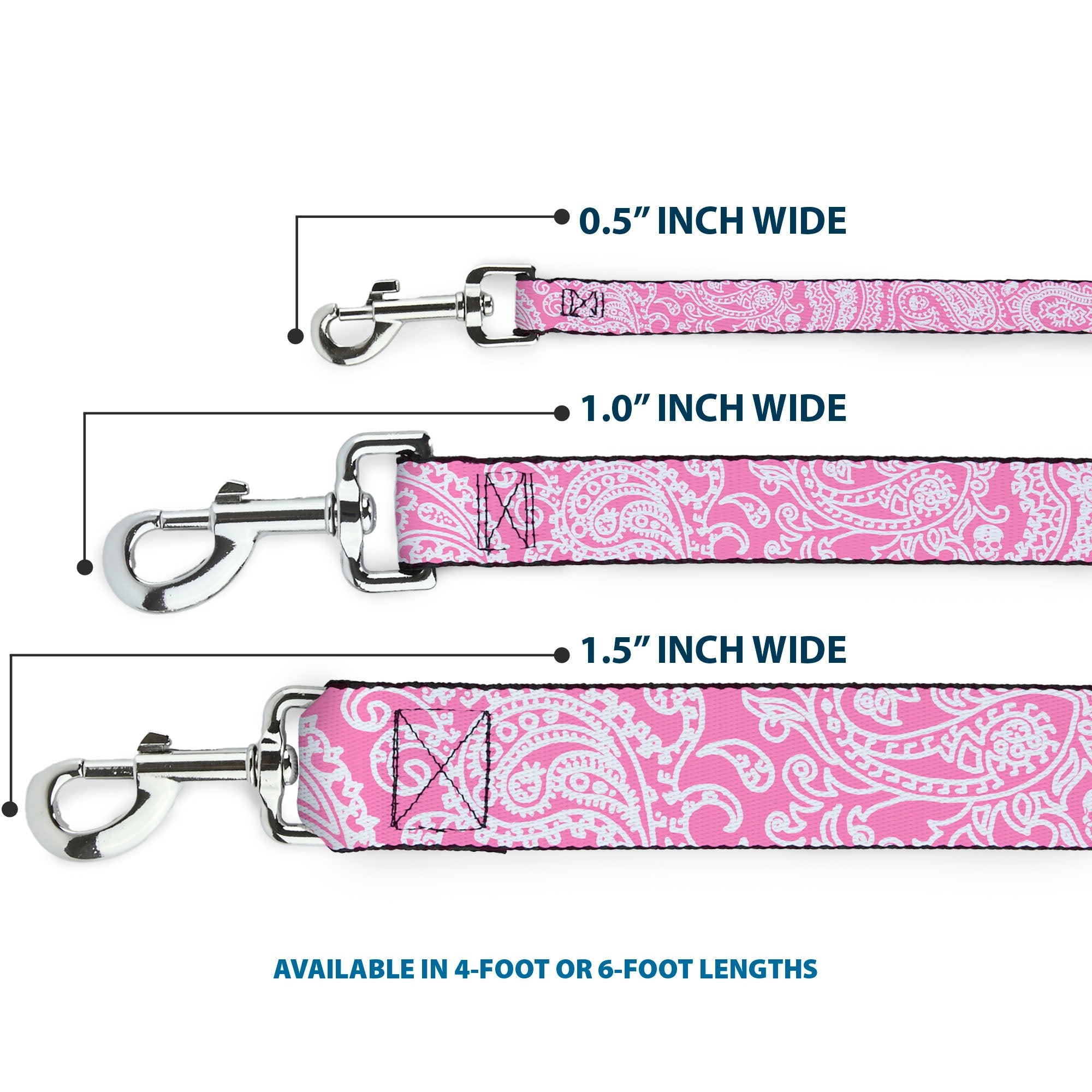 Southlake Paws dog leash featuring a pink and white bandana skull design, available in 0.5", 1.0", and 1.5" widths.