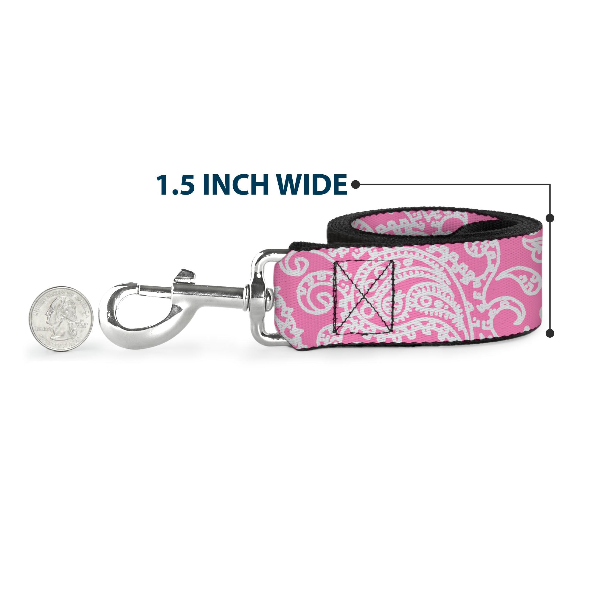Southlake Paws dog leash featuring a pink and white bandana skull design, 1.5 inches wide, with a metal clip.