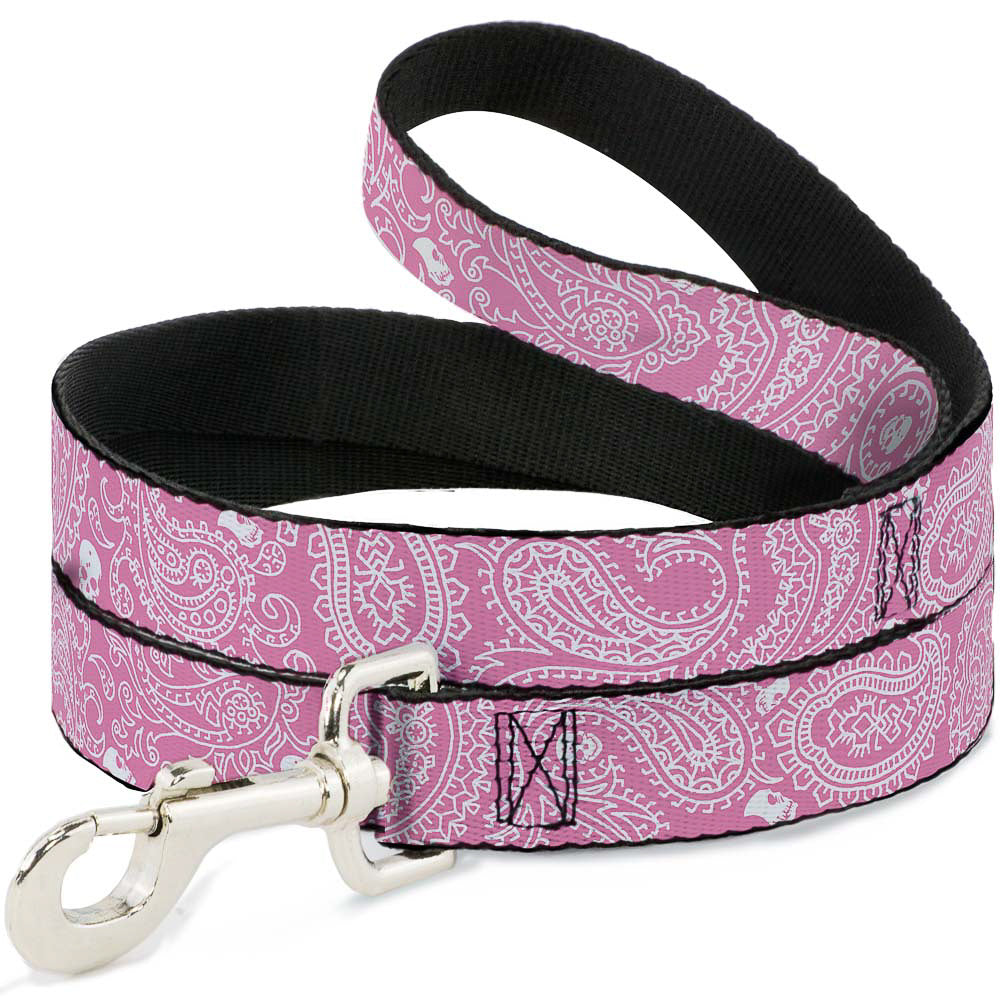Pink and white dog leash featuring a bandana and skulls design, with a sturdy metal clip for attachment.
