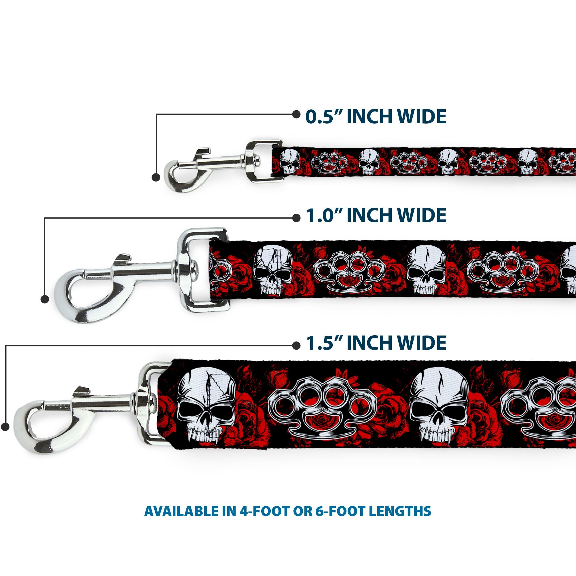 Buckle-Down Dog Leash - Brass Knuckles/Skulls/Roses Black/Red/White