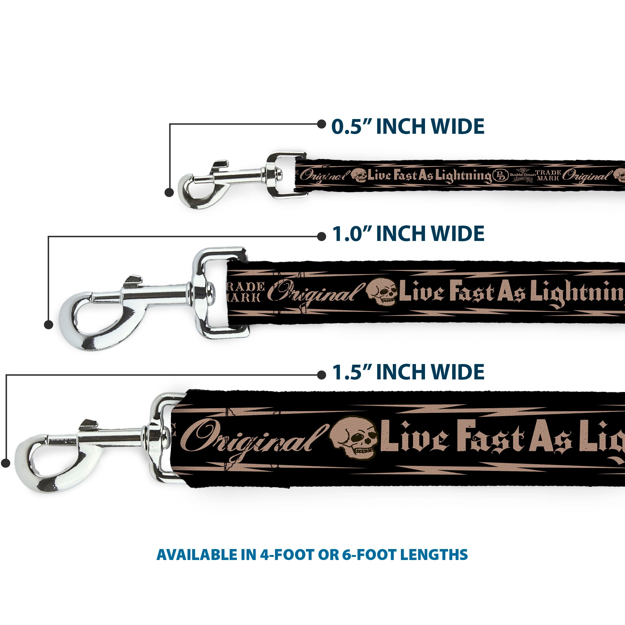 Dog Leash - BD Skull LIVE FAST AS LIGHTNING Black/Light Orange