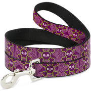 Dog Leash - Cute Skulls w/Paisley Purple/Pink/Green