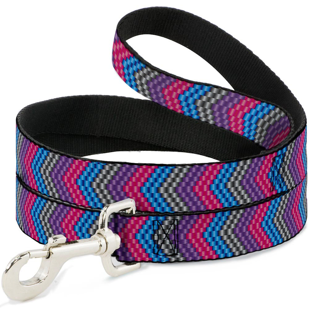 Southlake Paws dog leash featuring a chevron weave design in gray, lavender, pink, and baby blue with a silver clip.