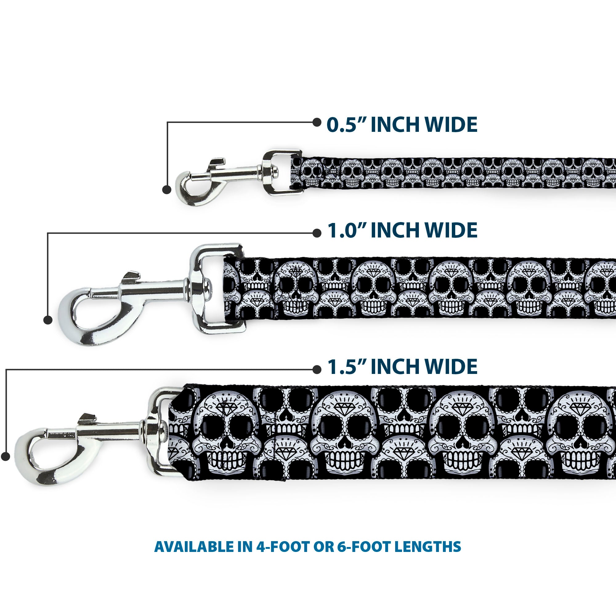 Dog Leash - Cartoon Sugar Skulls Stacked Black/White