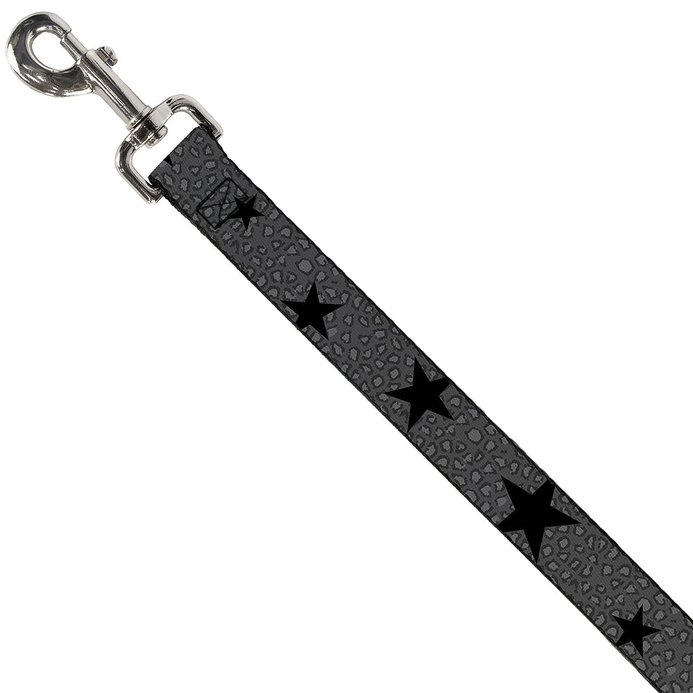 Southlake Paws Dog Leash featuring a cheetah print design with black stars on a gray background. Silver clip attachment.