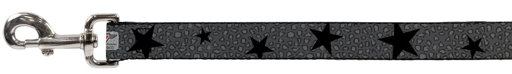 Southlake Paws Dog Leash featuring a cheetah print with black stars on a gray background and a silver clip.