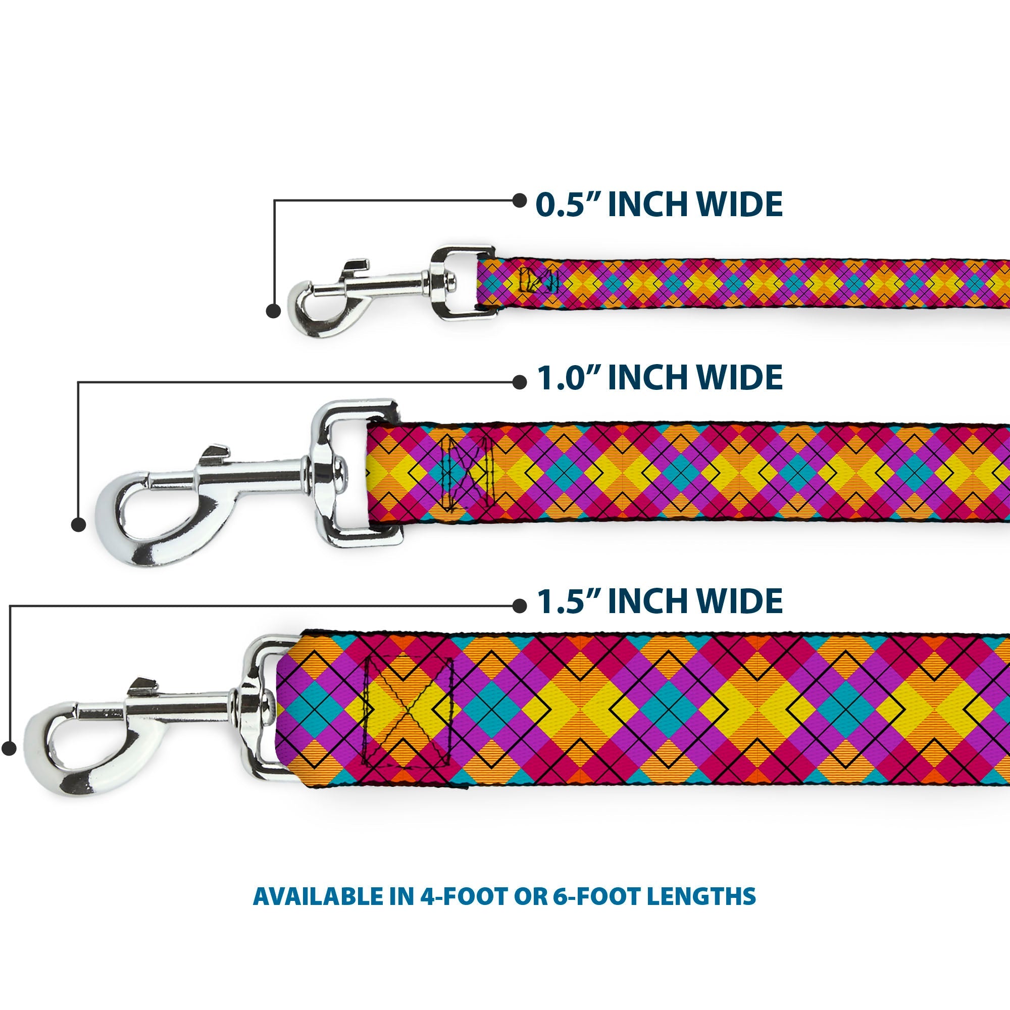 Dog Leash - Diamond Plaid Orange/Yellow/Blue/Purple/Fuchsia