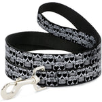 Dog Leash - Diamond Sugar Skull Stacked Black Silver Fade White