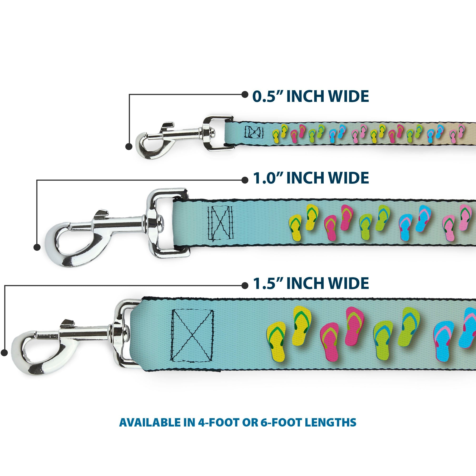Southlake Paws Dog Leash - Flip Flops7 LIFE'S A BEACH features a tan, aqua, and white design with colorful flip-flop patterns