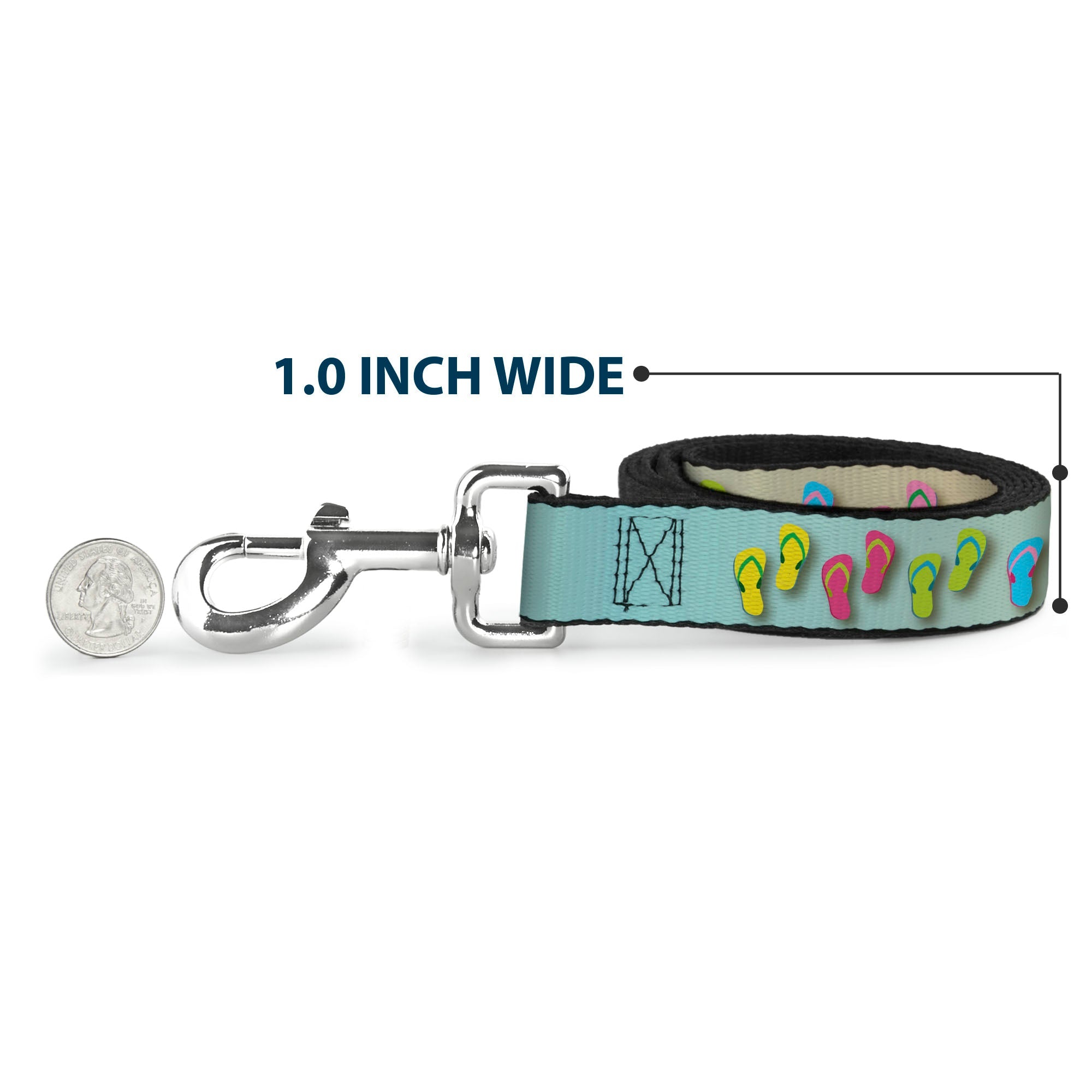 Southlake Paws Dog Leash - Flip Flops7 LIFE'S A BEACH in tan, aqua, and white with colorful flip flop designs. 1 inch wide.