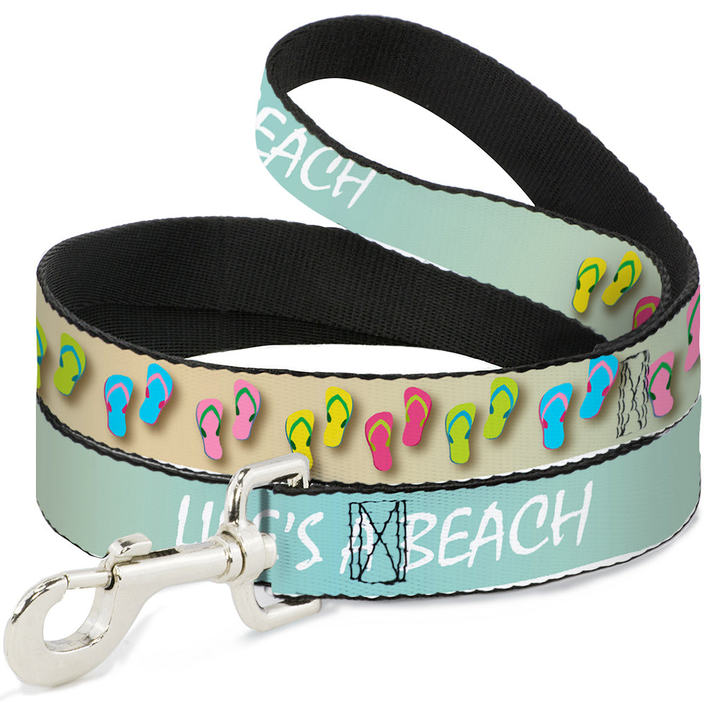 Southlake Paws dog leash featuring a tan, aqua, and white design with colorful flip flops and "LIFE'S A BEACH" text.