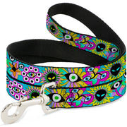 Dog Leash - Funky Alien Flowers Aqua Blue/Multi Color