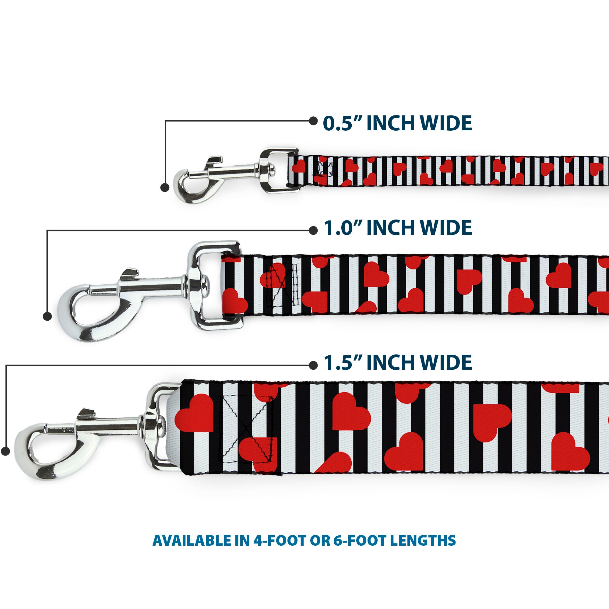 Dog Leash - Hearts Scattered/Stripe White/Black/Red