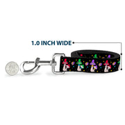 Dog Leash - Happy Mushrooms with Stars Black/Multi Color
