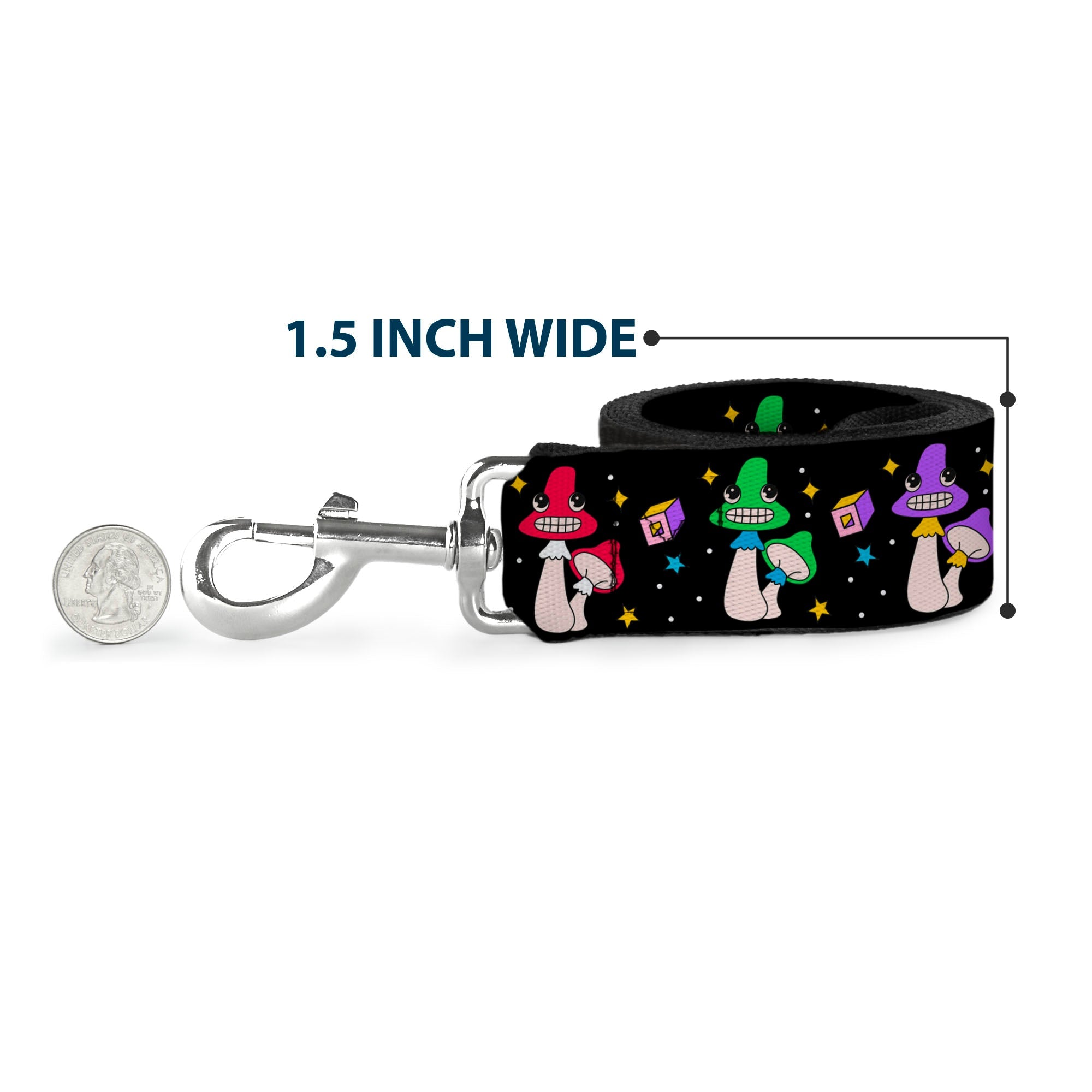 Dog Leash - Happy Mushrooms with Stars Black/Multi Color