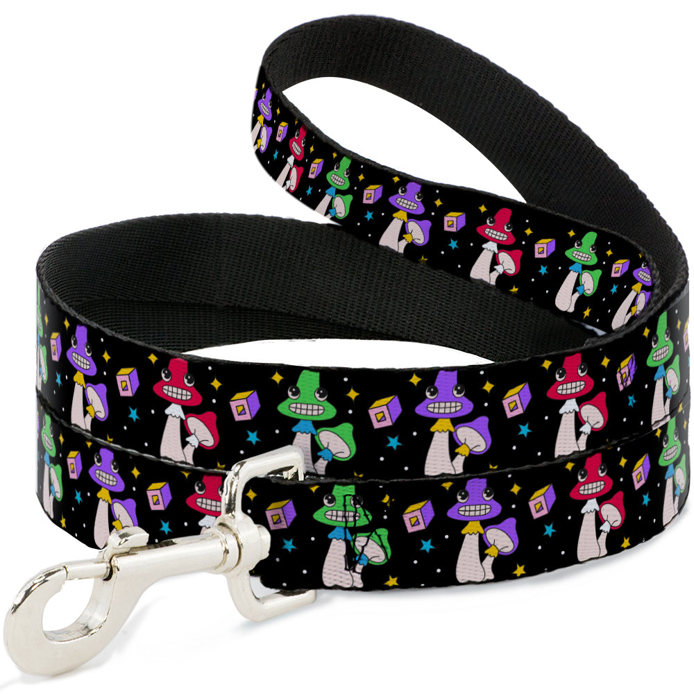Dog Leash - Happy Mushrooms with Stars Black/Multi Color