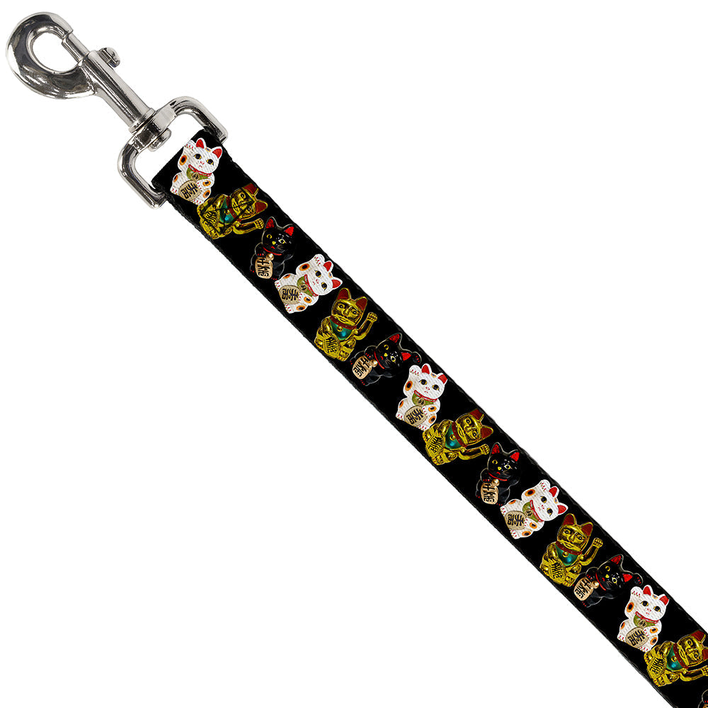 Southlake Paws dog leash featuring Maneki Neko lucky cats in gold, black, and white on a black background.