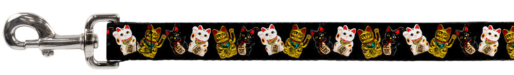 Dog leash by Southlake Paws featuring Maneki Neko lucky cats in gold, black, and white on a black background.