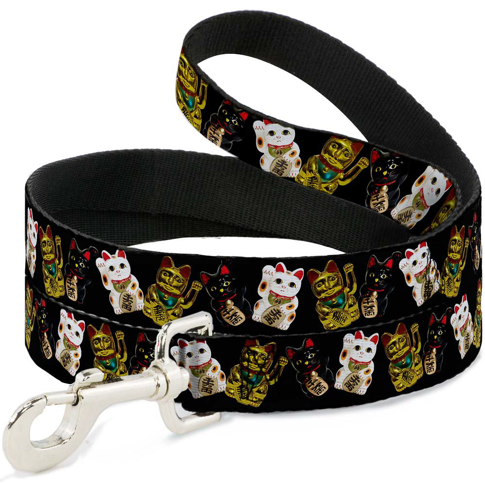 Southlake Paws dog leash featuring Maneki Neko lucky cats in gold, black, and white on a black background.