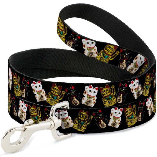 Southlake Paws dog leash featuring Maneki Neko lucky cats in gold, black, and white on a black background.