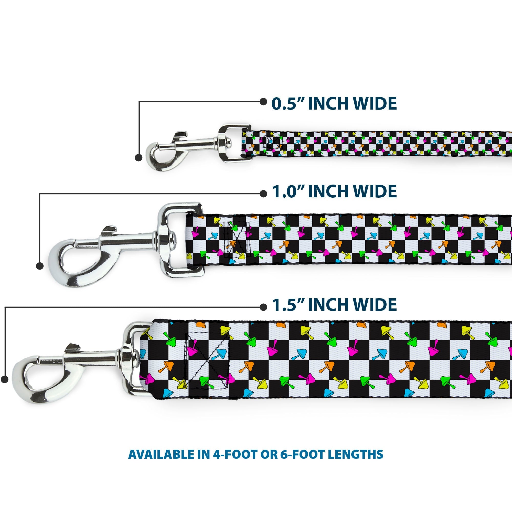 Dog Leash - Mushrooms Scattered Checker Black/White/Multi Neon