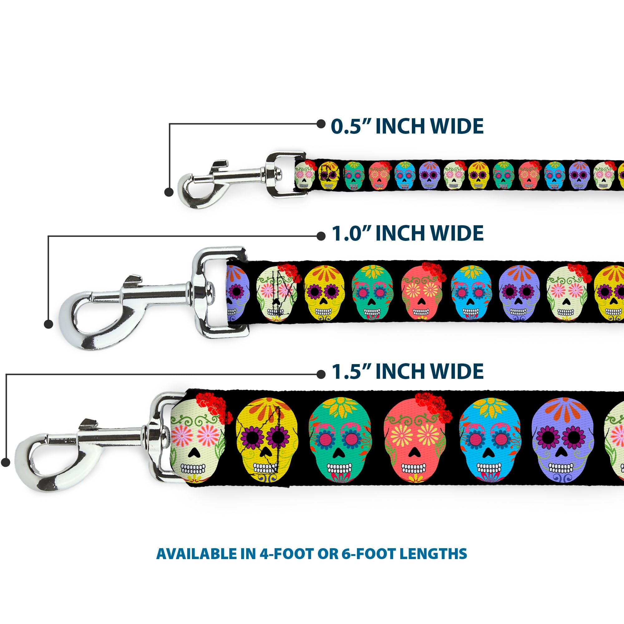 Dog Leash - Painted Sugar Skulls Black/Multi Color