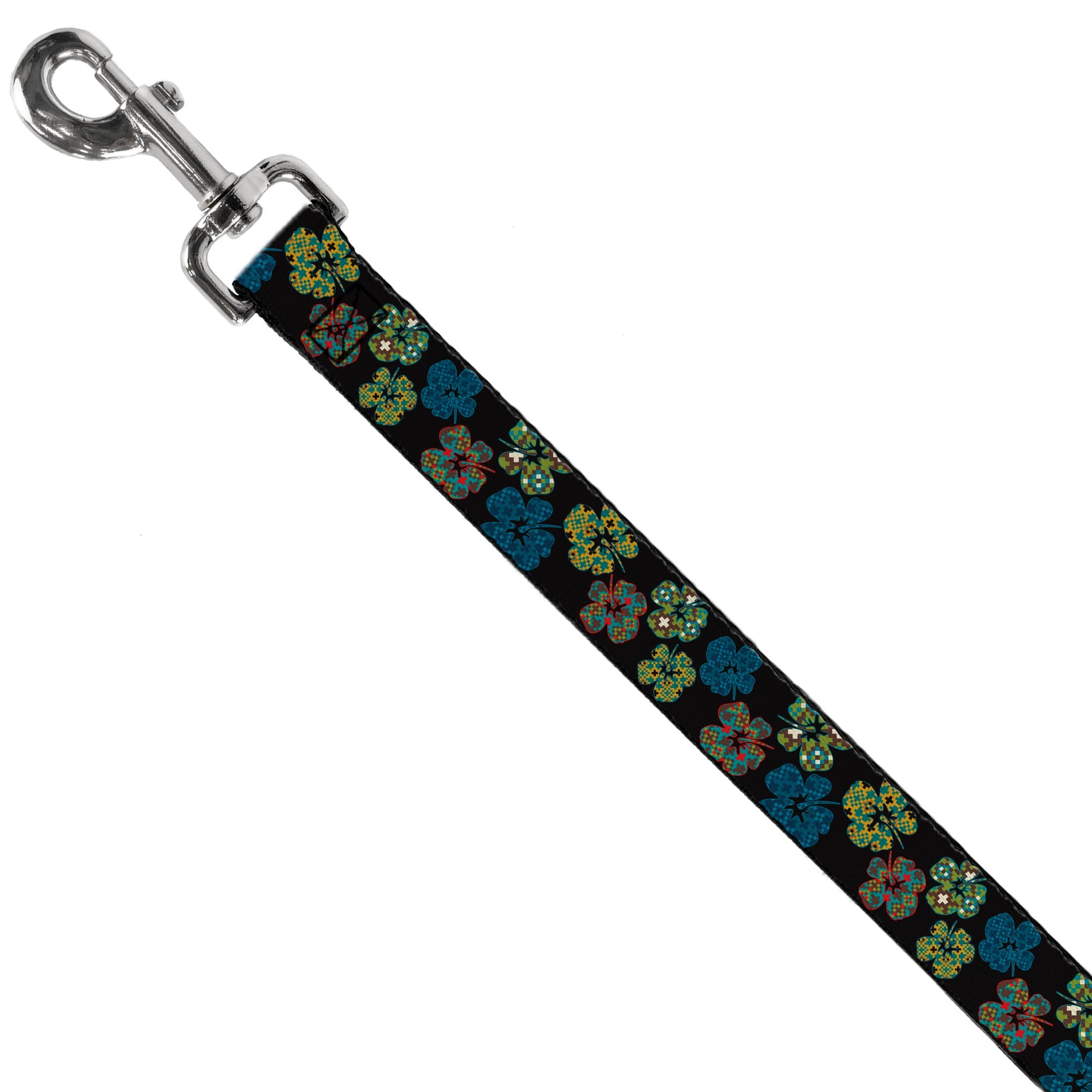 Dog Leash - Pixilated Hibiscus Flowers Black/Multi Color