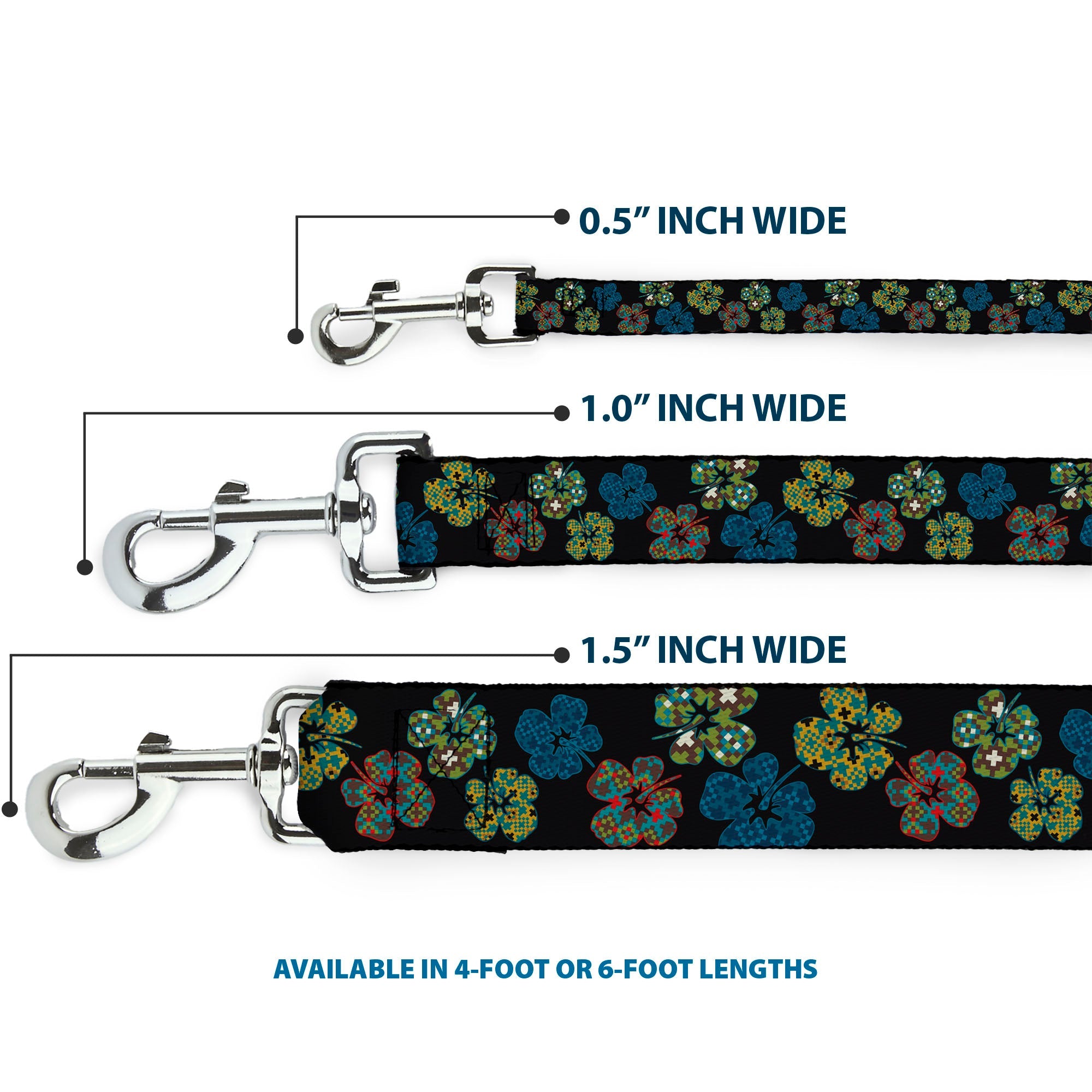 Dog Leash - Pixilated Hibiscus Flowers Black/Multi Color