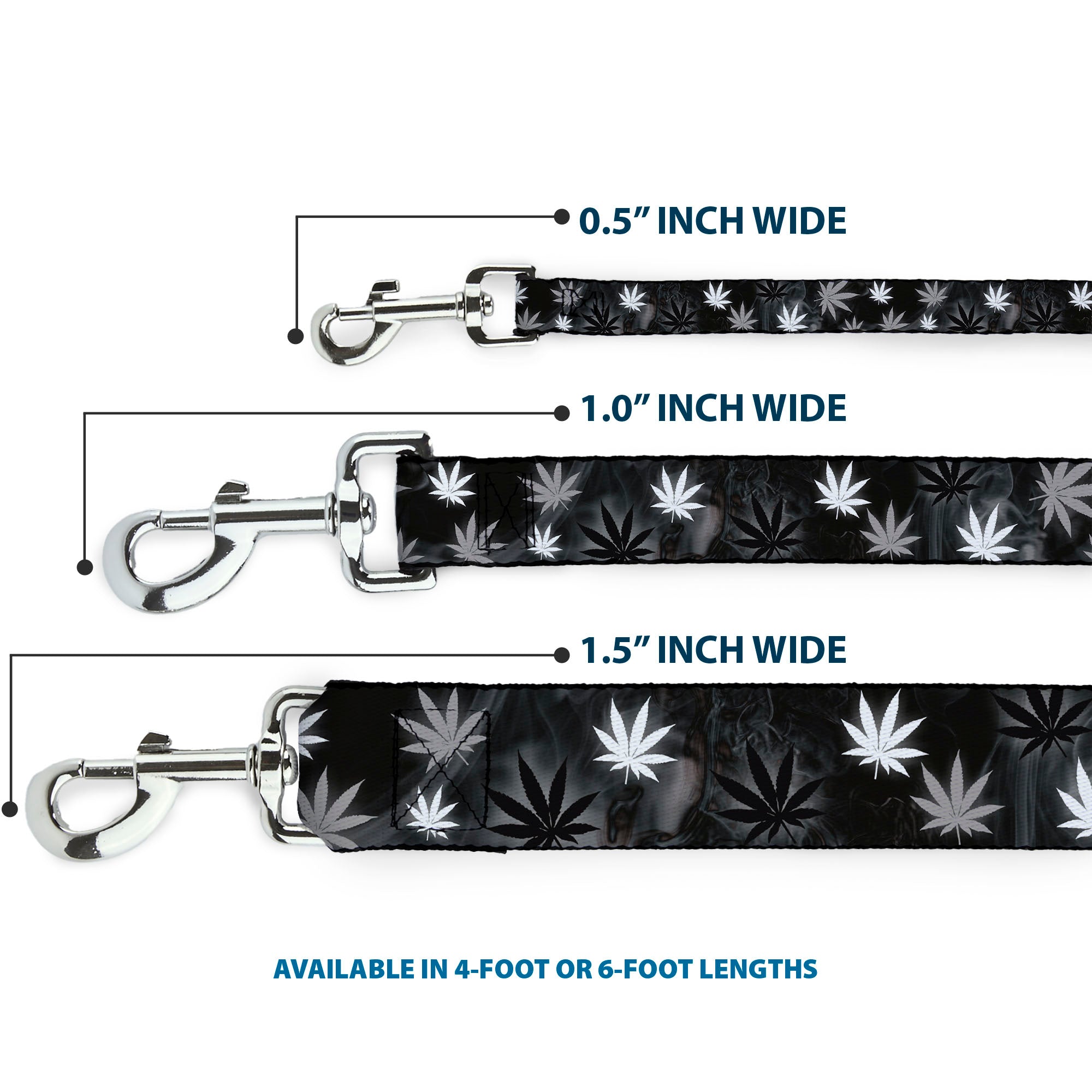 Buckle-Down Dog Leash - Pot Leaves/Smoke Black/Gray/White