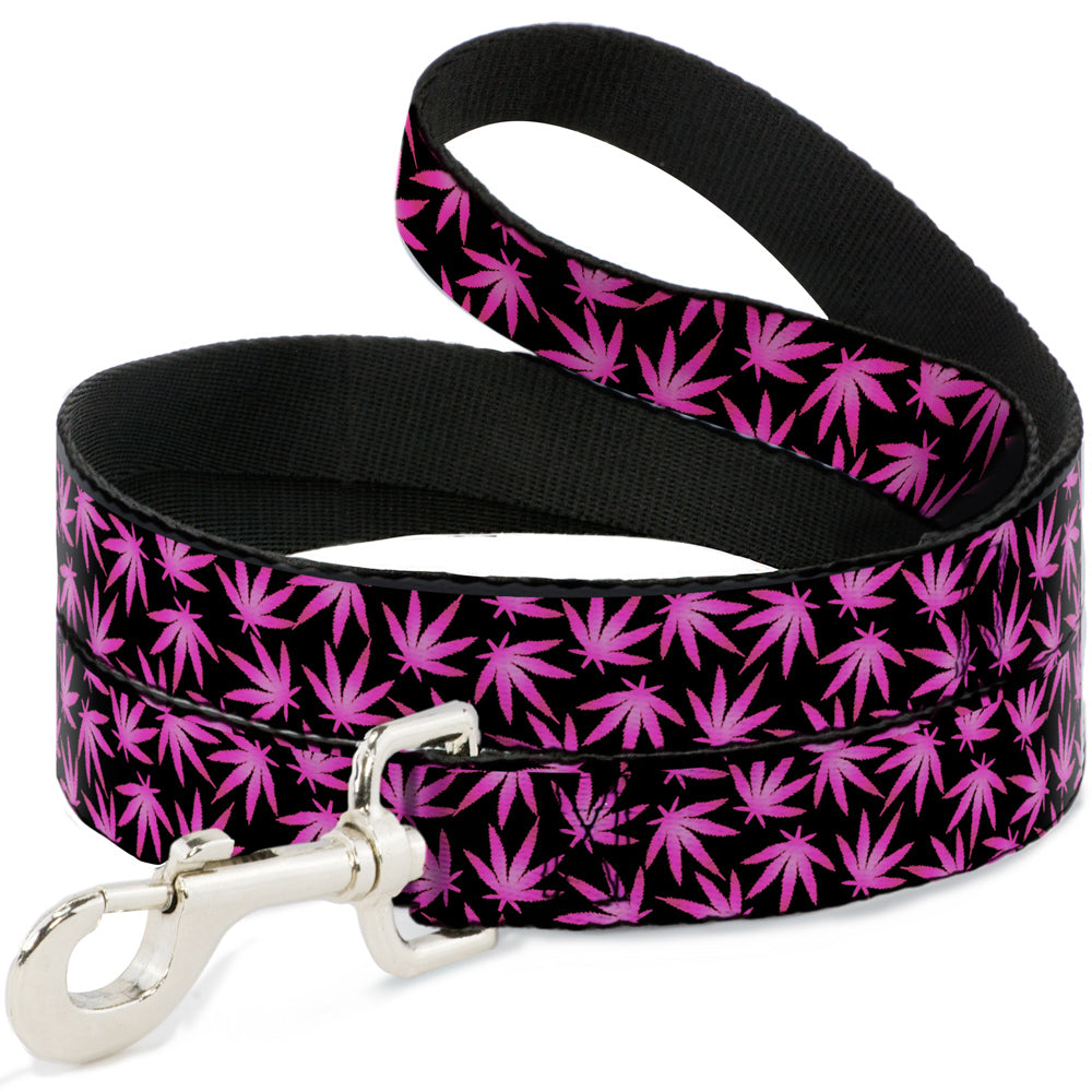 Buckle-Down Dog Leash - Pot Leaves Scattered Black/Pink