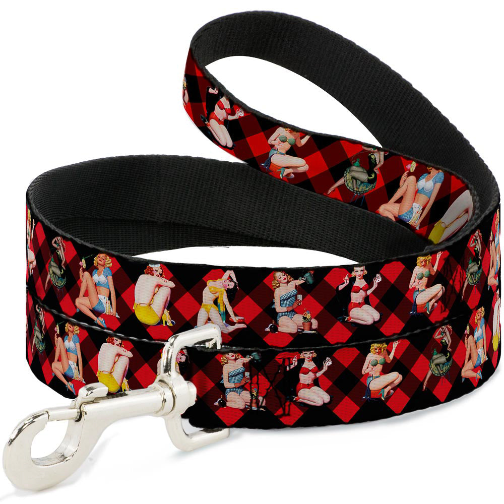 Dog Leash - Pin Up Girl Poses Buffalo Plaid Blocks Black/Red
