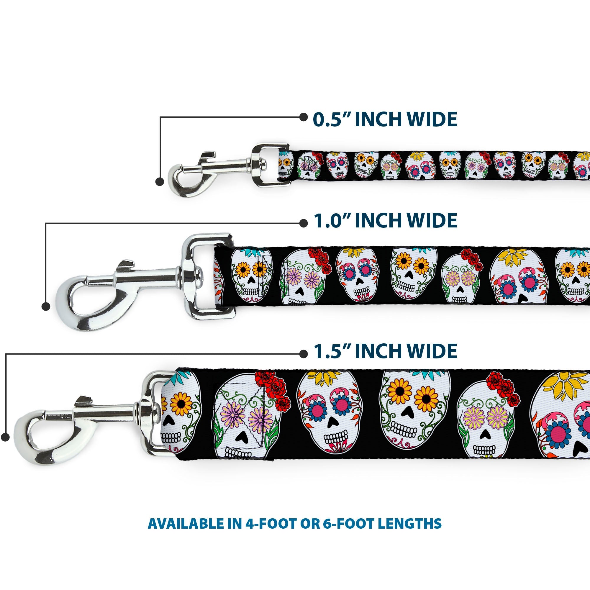 Dog Leash - Sugar Skull Outline Black/Multi Color