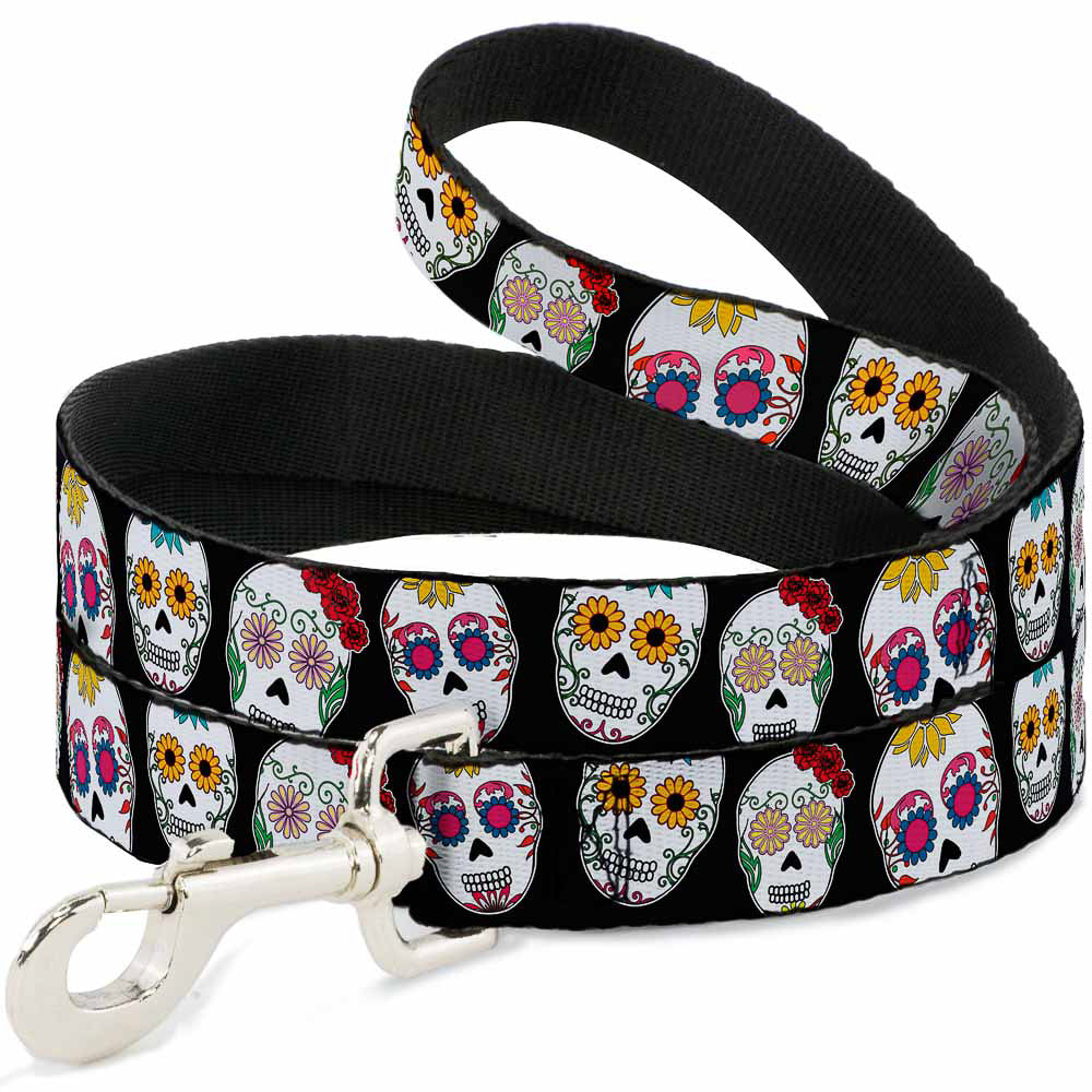 Dog Leash - Sugar Skull Outline Black/Multi Color
