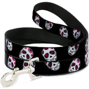 Dog Leash - Sugar Skulls Scattered Black/White/Fuchsia