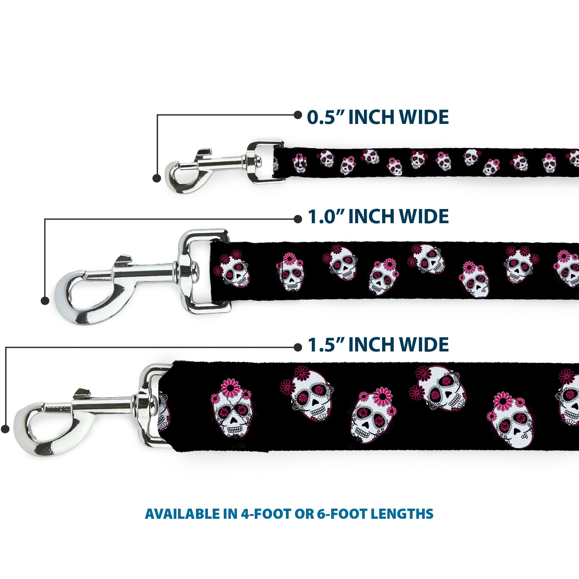 Dog Leash - Staggered Sugar Skulls Black/Pink/White