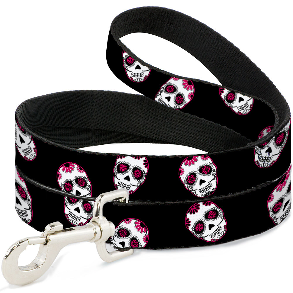 Dog Leash - Staggered Sugar Skulls Black/Pink/White