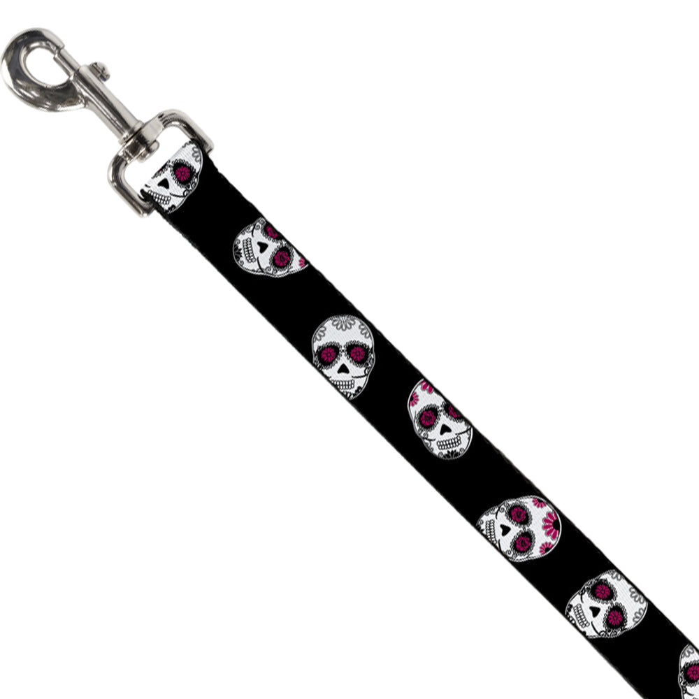 Dog Leash - Staggered Sugar Skulls Black/White/Pink