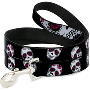 Dog Leash - Staggered Sugar Skulls Black/White/Pink
