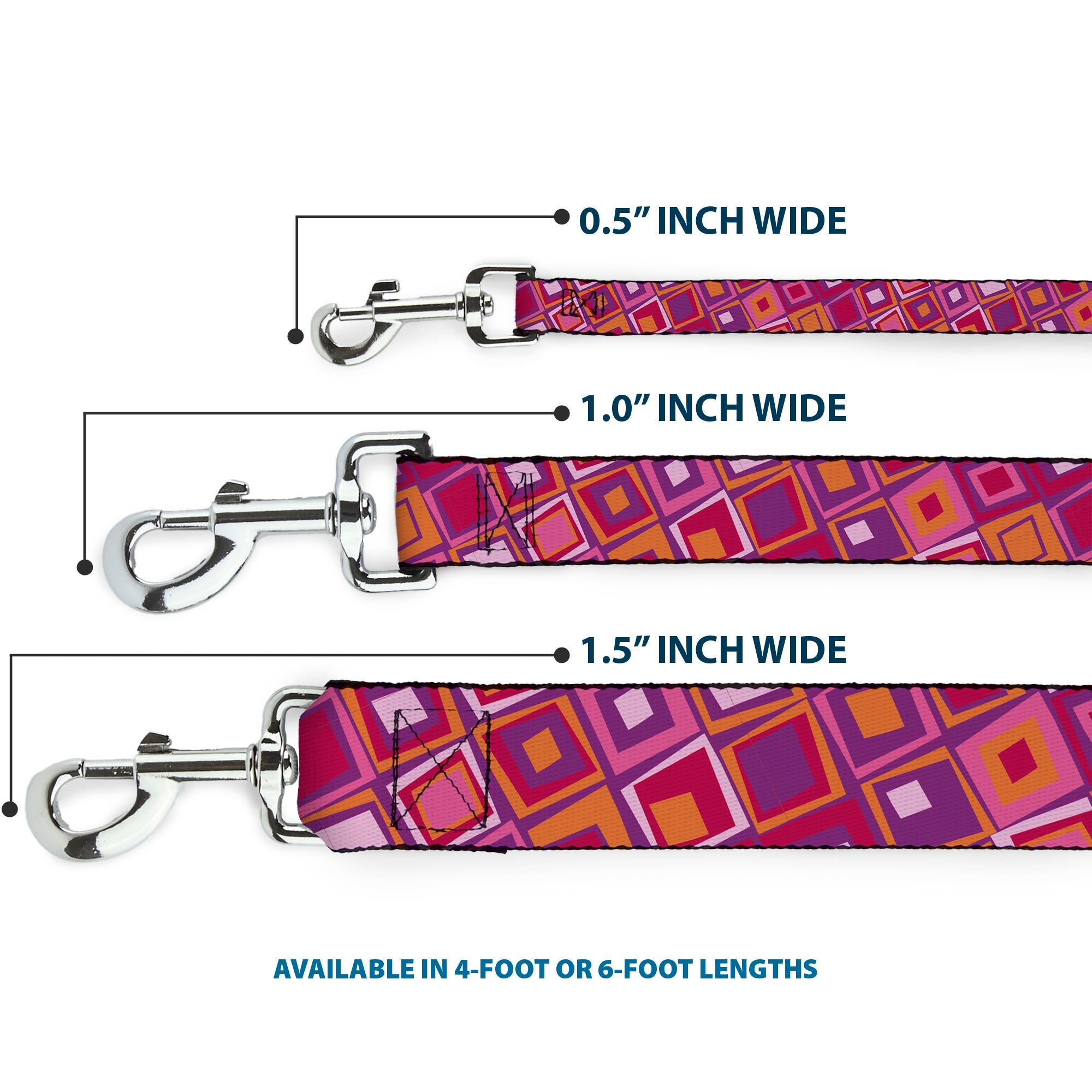 Dog Leash - Skewed Squares Stacked Purple/Orange/Pinks